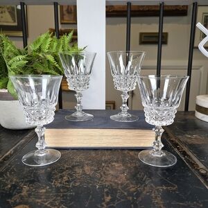 Set of 4 Vintage Cut Crystal Goblets | Diamond Band & Faceted Stem Stemware